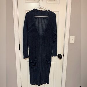 Free People Navy Ribbed Knit Midi Sweater Dress Sheer Back Boho